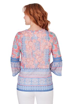 Petite Ruffled Scoop Neck Floral Medallion Border Print with Lace Inset Flounce Sleeves