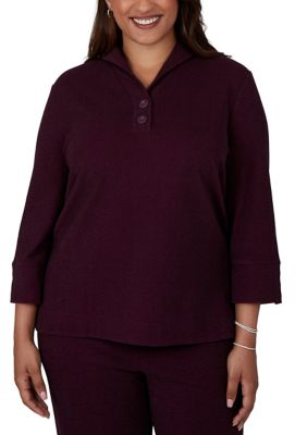 Ruby Rd Women's Plus Size Buttoned Collar V-Neck Luxe Rib Top, 3XL