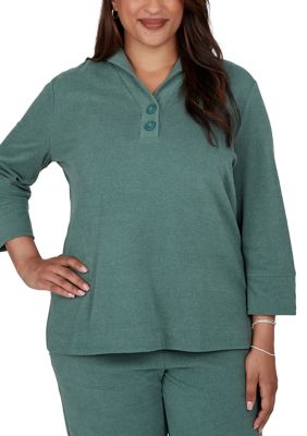 Ruby Rd Women's Plus Size Buttoned Collar V-Neck Luxe Rib Top, 3XL