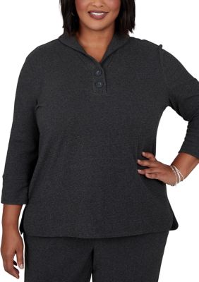Ruby Rd Women's Plus Size Buttoned Collar V-Neck Luxe Rib Top, 3XL