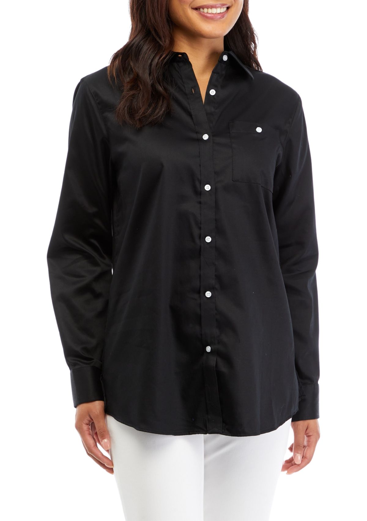 Womens Wrinkle Resistant Solid Woven Button Front Shirt