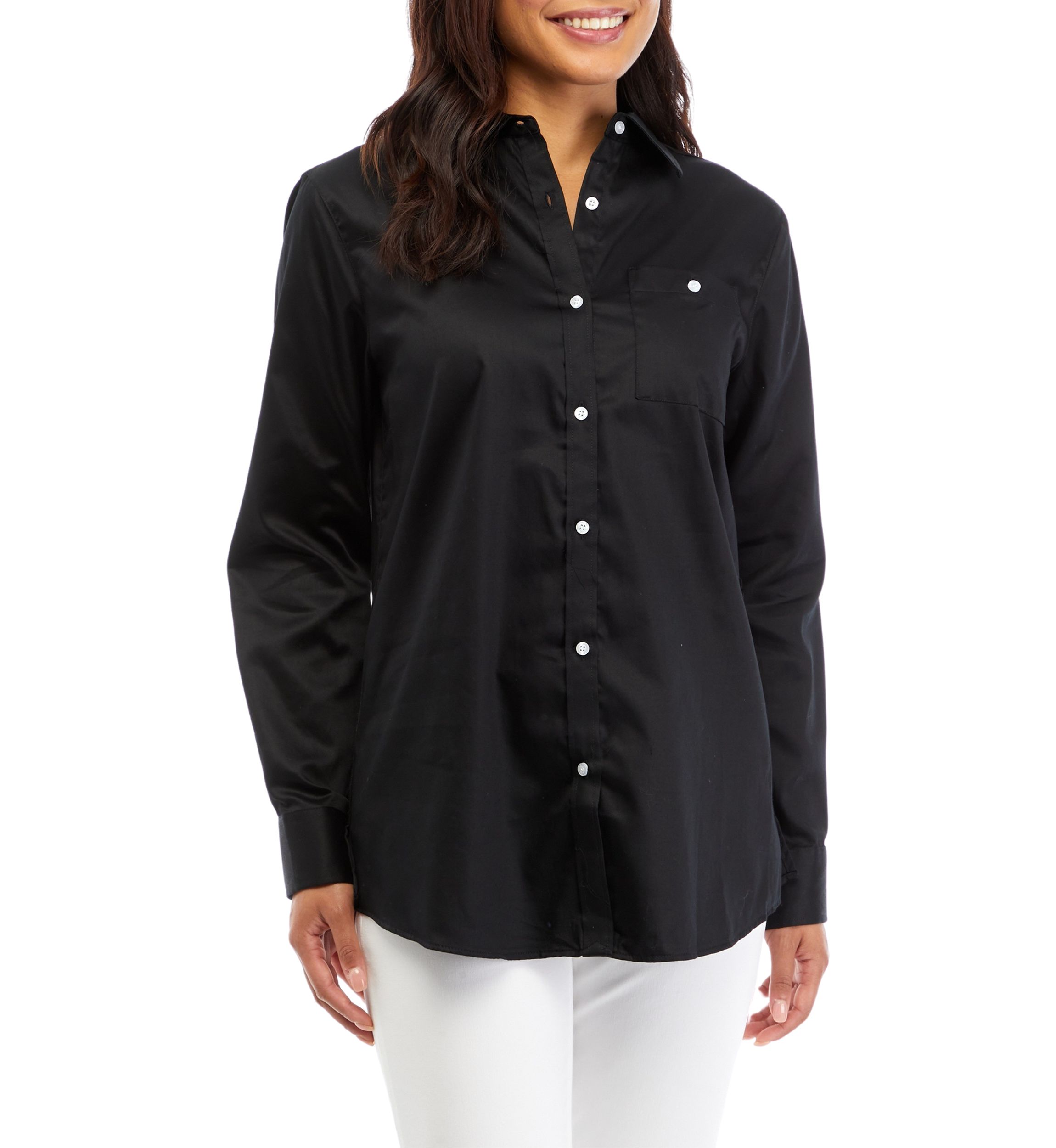 Womens Wrinkle Resistant Solid Woven Button Front Shirt