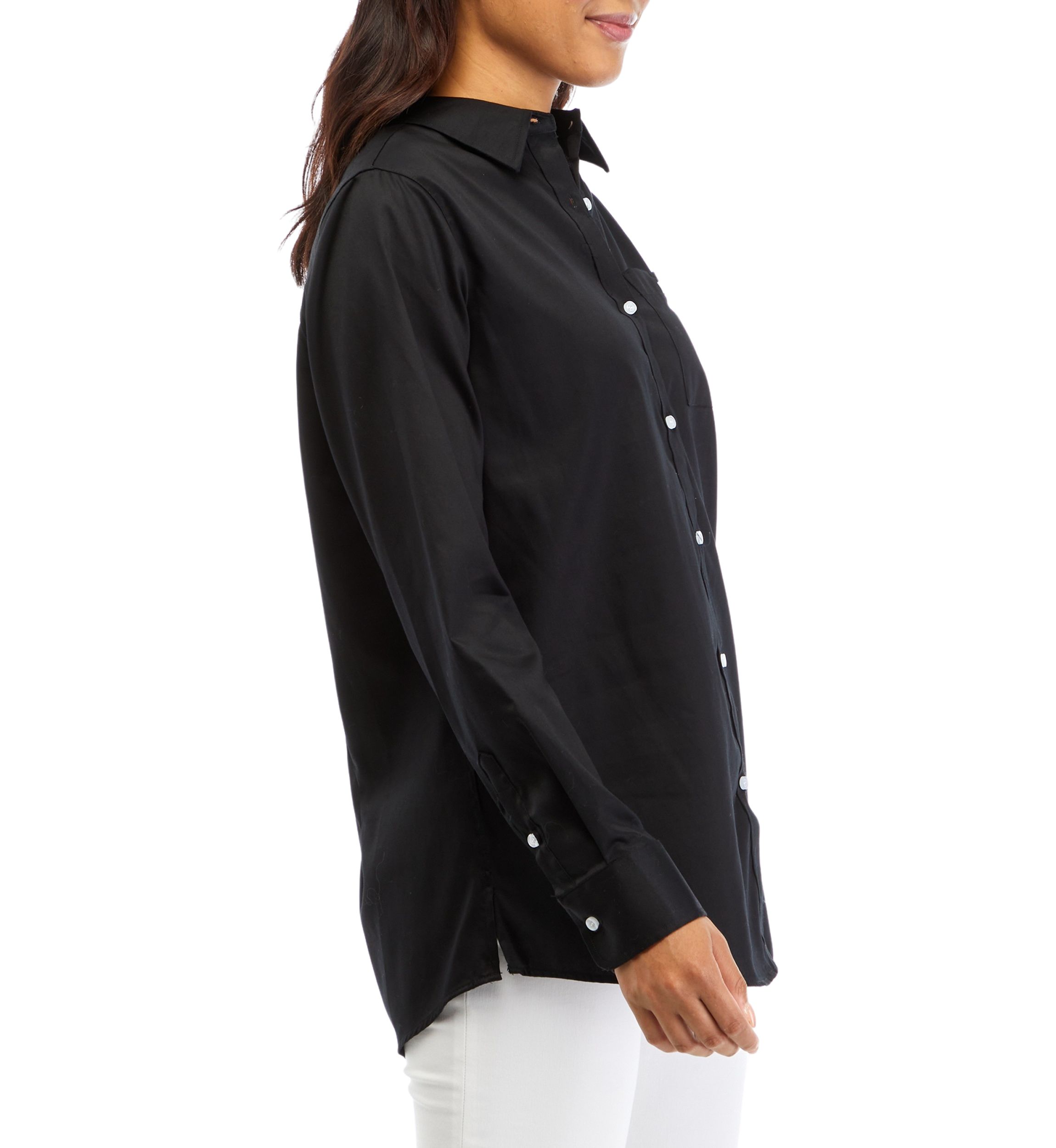 Womens Wrinkle Resistant Solid Woven Button Front Shirt