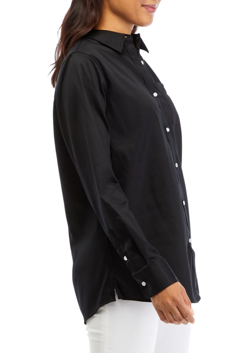 Womens Wrinkle Resistant Solid Woven Button Front Shirt