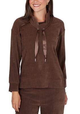 Ruby Rd Women's Petite Satin Drawstring Cowl Neck Velveteen Top, PXL