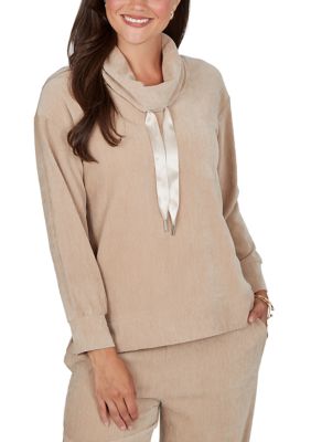 Ruby Rd Women's Petite Satin Drawstring Cowl Neck Velveteen Top, PXL