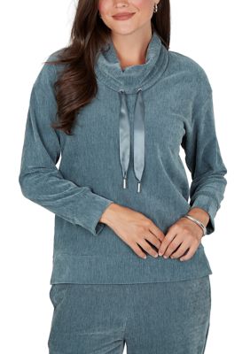 Ruby Rd Women's Petite Satin Drawstring Cowl Neck Velveteen Top, PXL