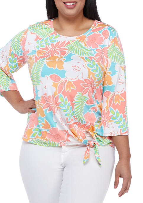 Plus Size Floral Puff Printed Top with Side Tie Hem