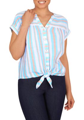 Petite Woven Crinkle Stripe Tie Front Top