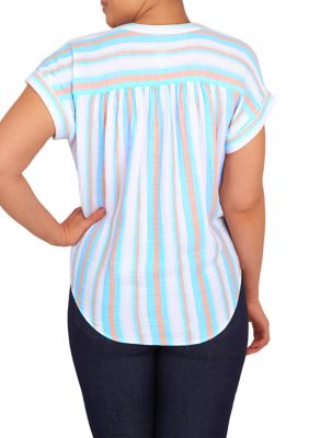 Petite Woven Crinkle Stripe Tie Front Top