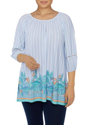 Petite Ballet Neck Tropical Border Print Top