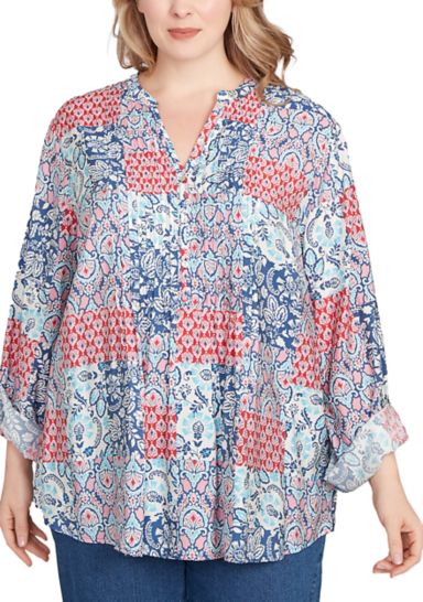 Plus Size Pintuck Patchwork Henley Blouse