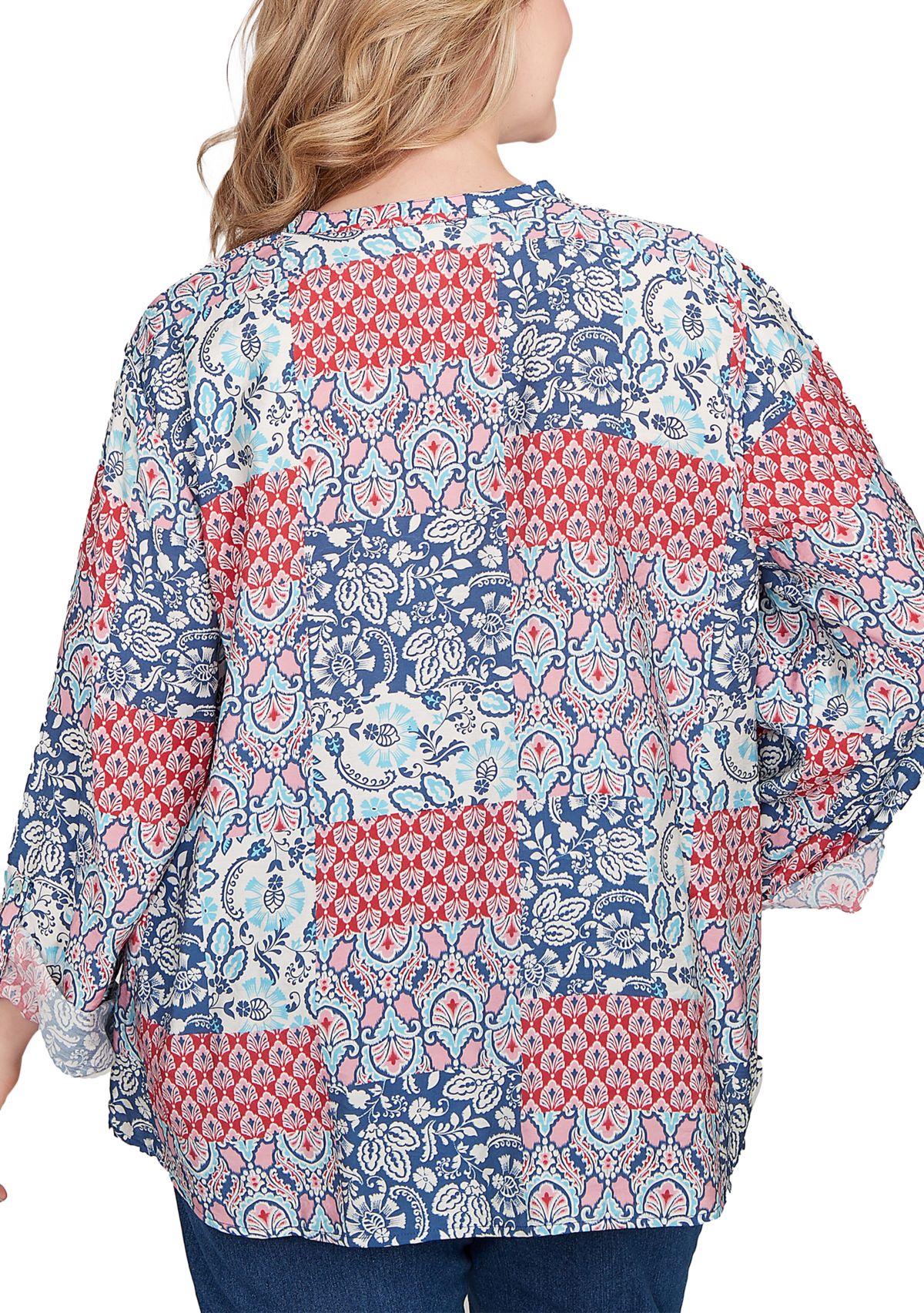 Plus Size Pintuck Patchwork Henley Blouse