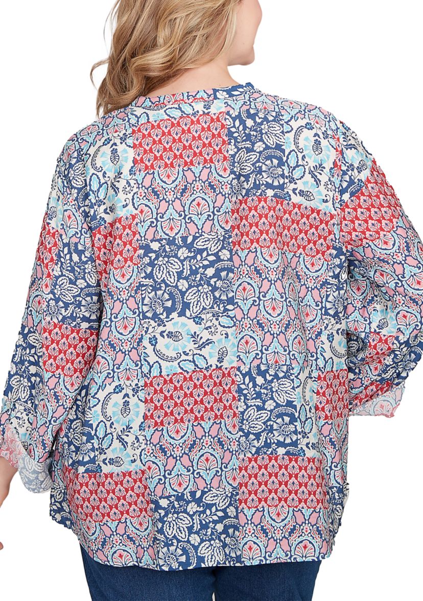 Plus Size Pintuck Patchwork Henley Blouse