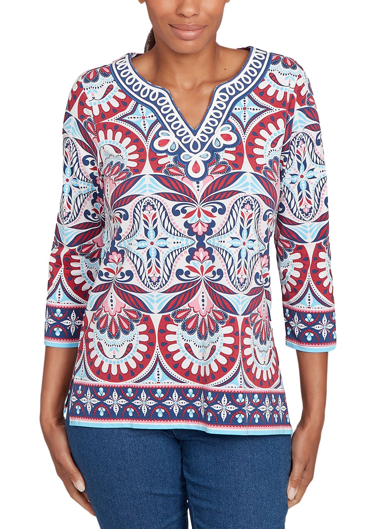 Plus Size Embellished Geo Border Knit Top