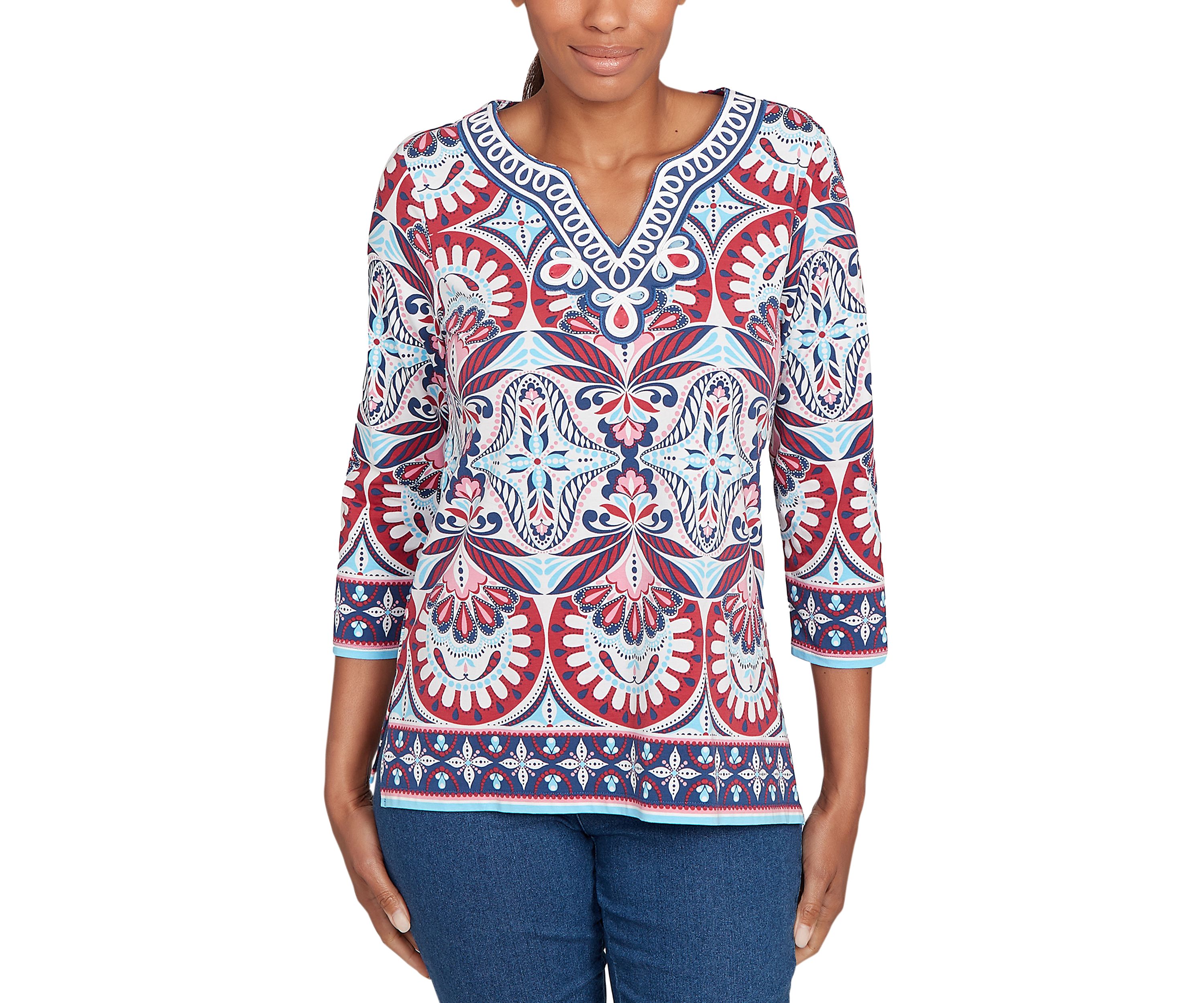 Plus Size Embellished Geo Border Knit Top