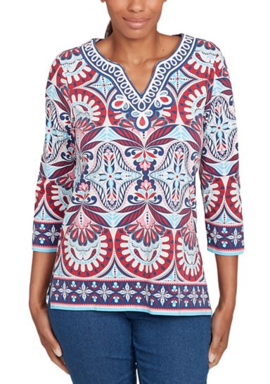 Plus Size Embellished Geo Border Knit Top