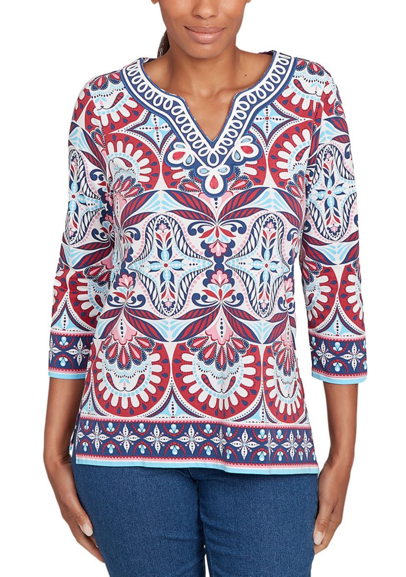 Plus Size Embellished Geo Border Knit Top