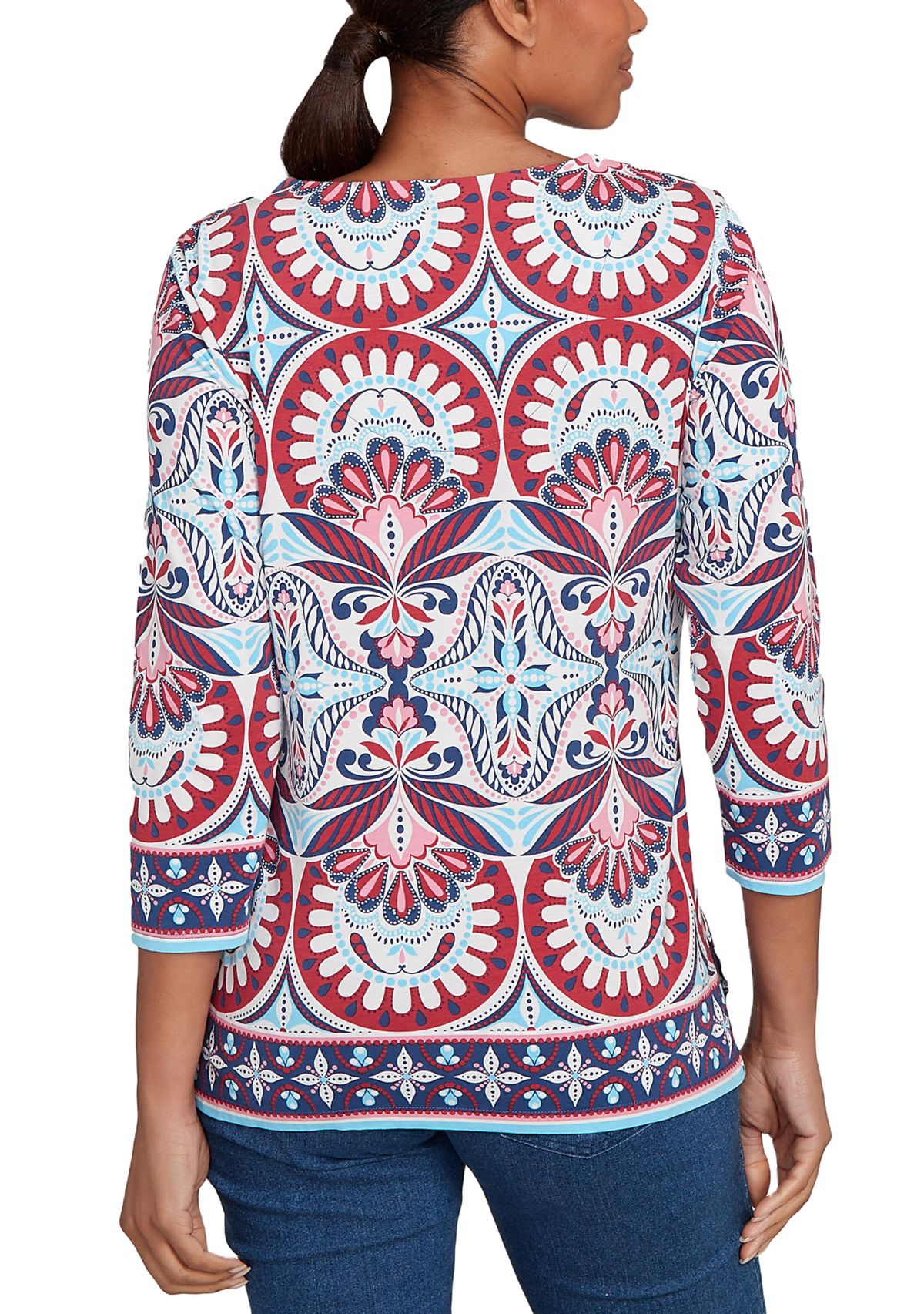 Plus Size Embellished Geo Border Knit Top