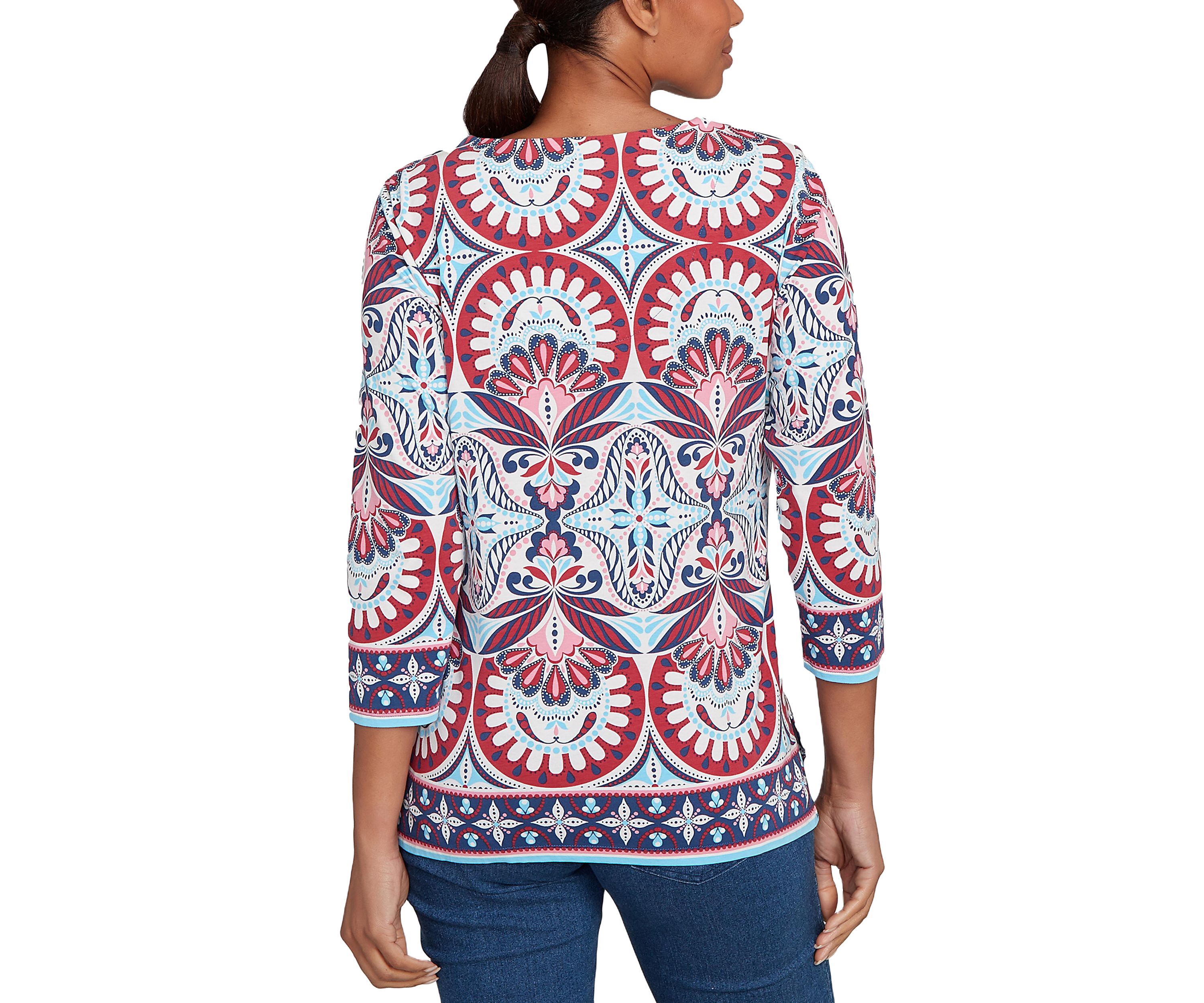 Plus Size Embellished Geo Border Knit Top