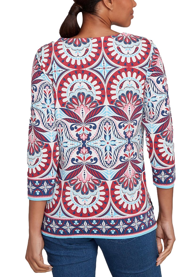 Plus Size Embellished Geo Border Knit Top