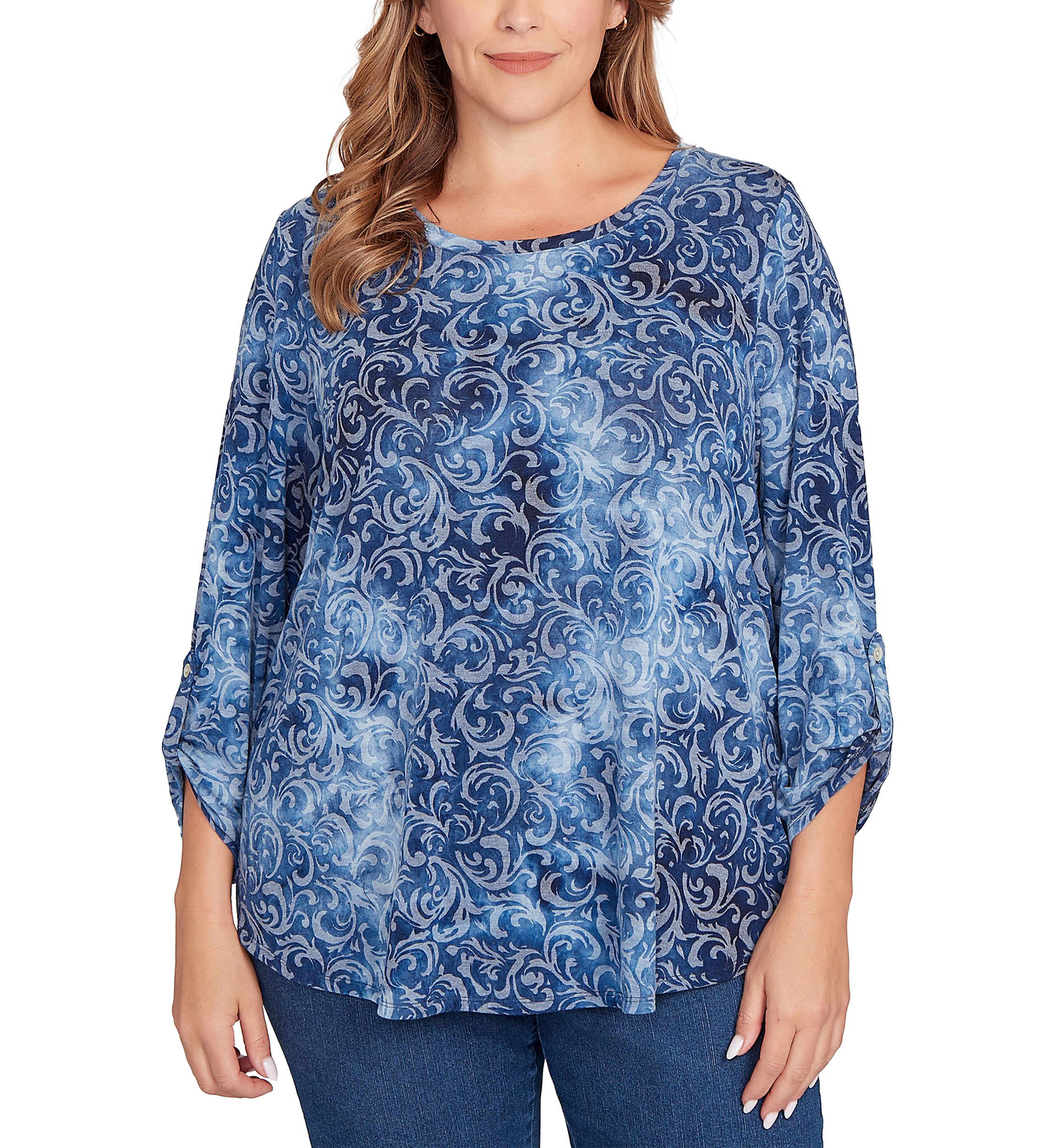 Plus Size Tie Dye Floral Burnout Roll Tab Sleeve Top