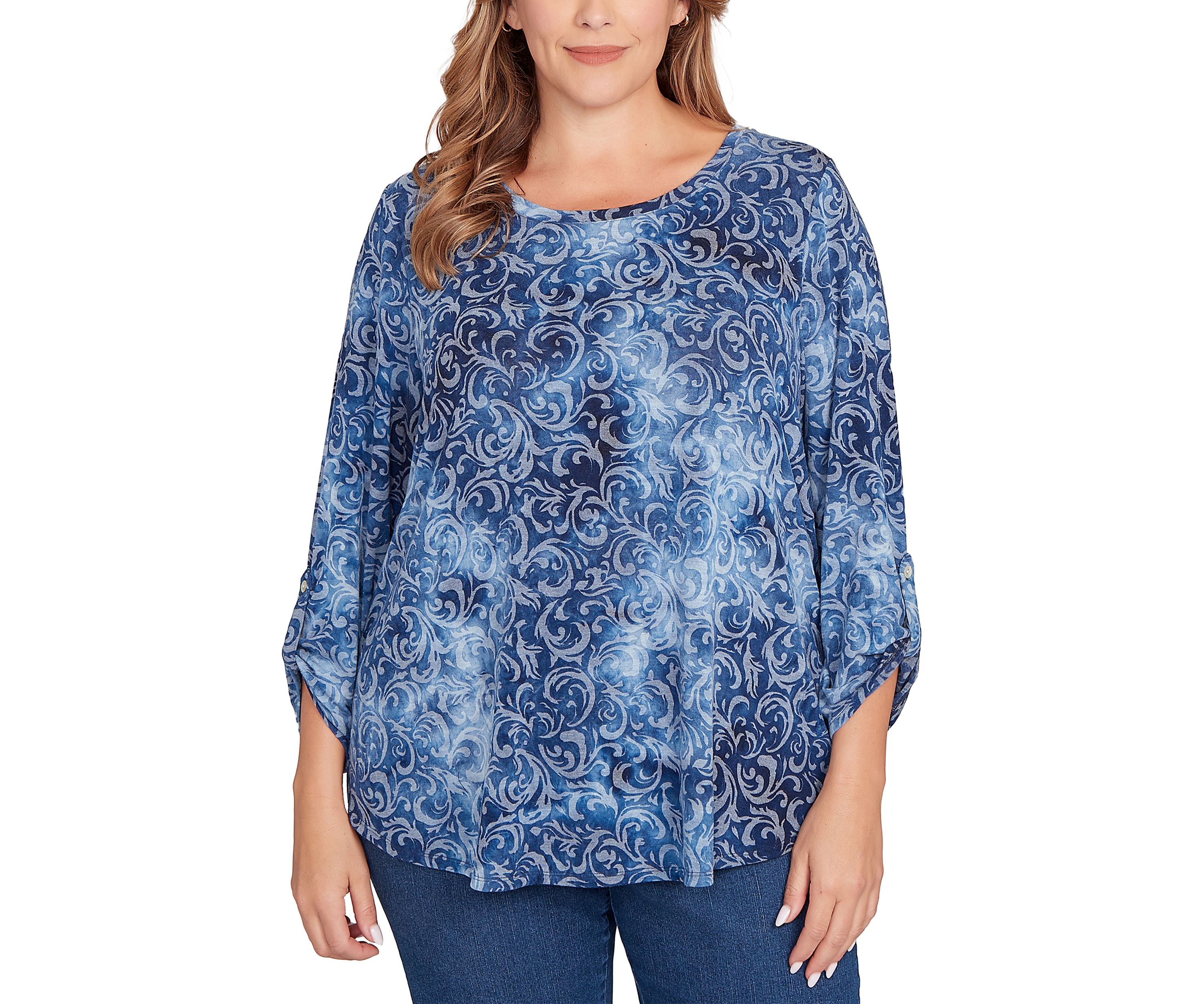 Plus Size Tie Dye Floral Burnout Roll Tab Sleeve Top