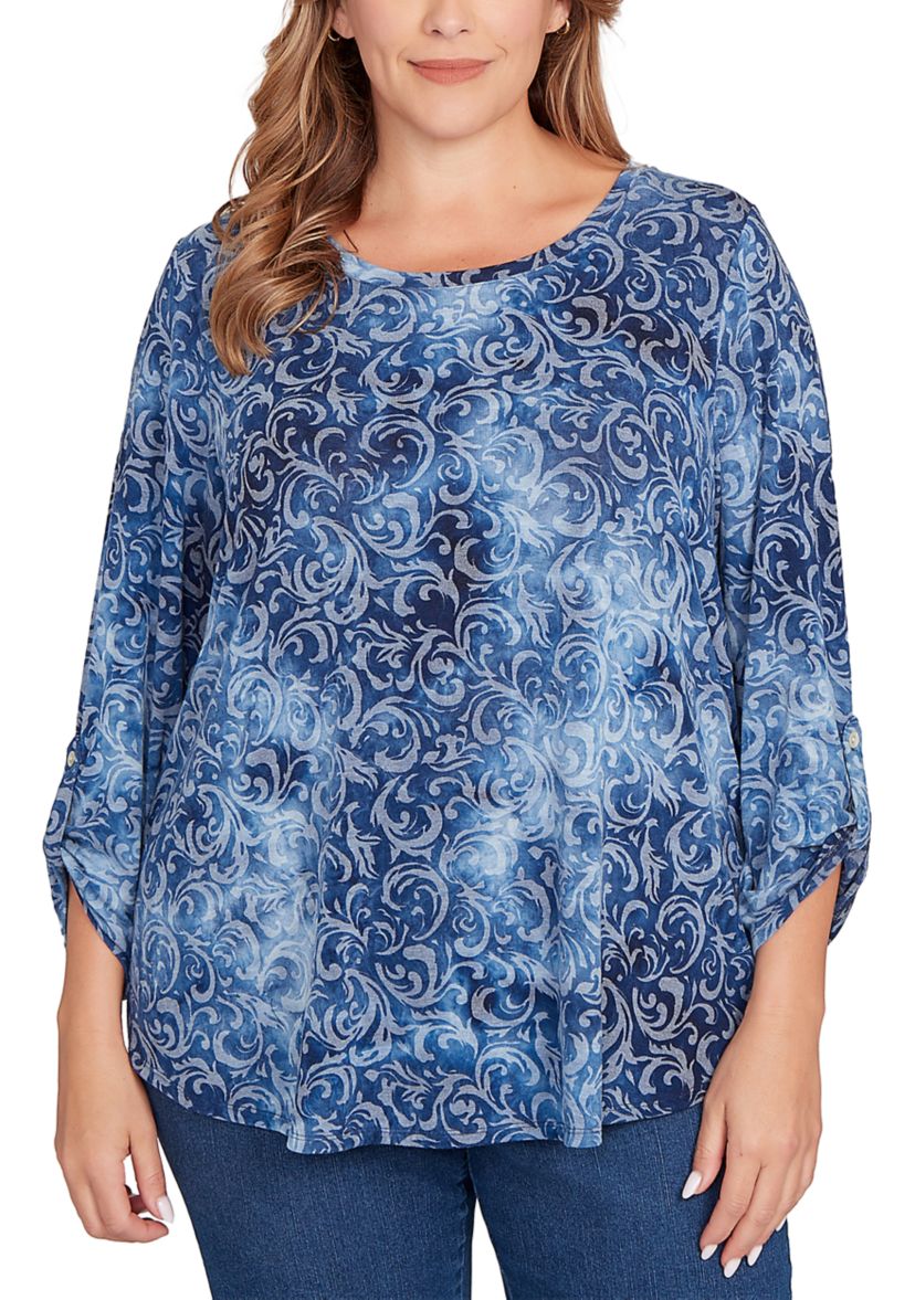 Plus Size Tie Dye Floral Burnout Roll Tab Sleeve Top