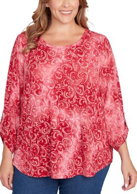 Ruby Rd Women's Plus Size Tie Dye Floral Burnout Roll Tab Sleeve Top