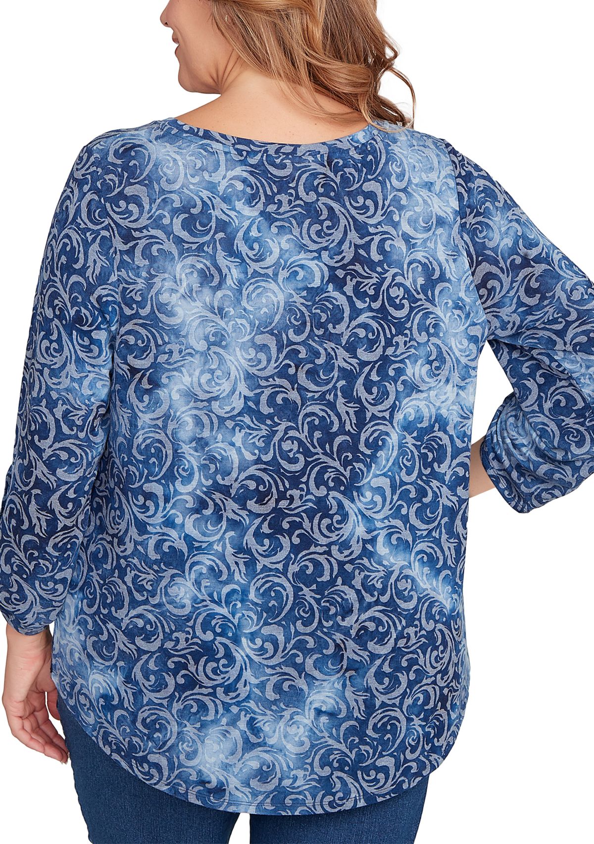 Plus Size Tie Dye Floral Burnout Roll Tab Sleeve Top
