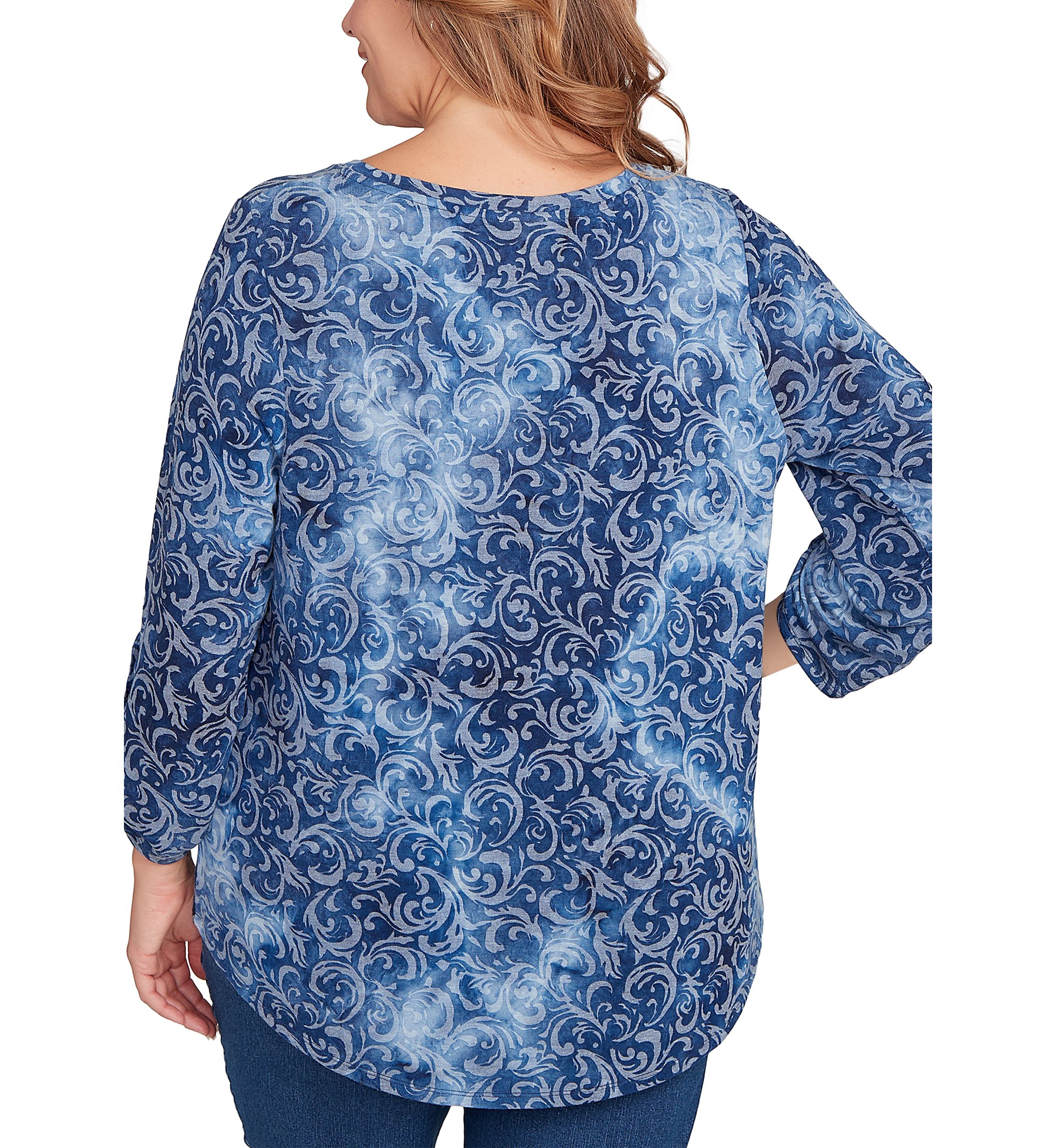 Plus Size Tie Dye Floral Burnout Roll Tab Sleeve Top