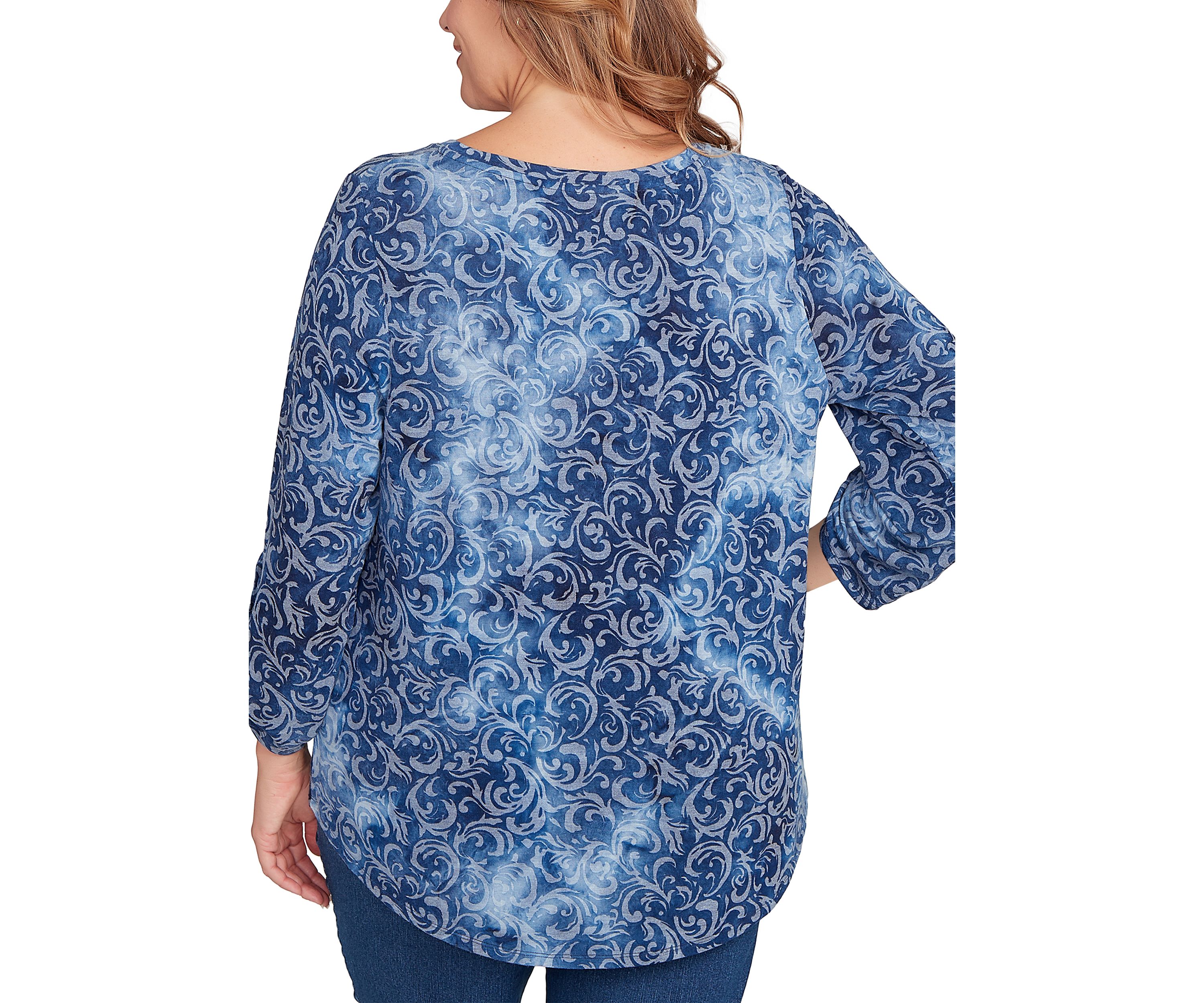 Plus Size Tie Dye Floral Burnout Roll Tab Sleeve Top