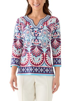 Ruby Rd Women's Petite Embellished Geo Border Knit Top