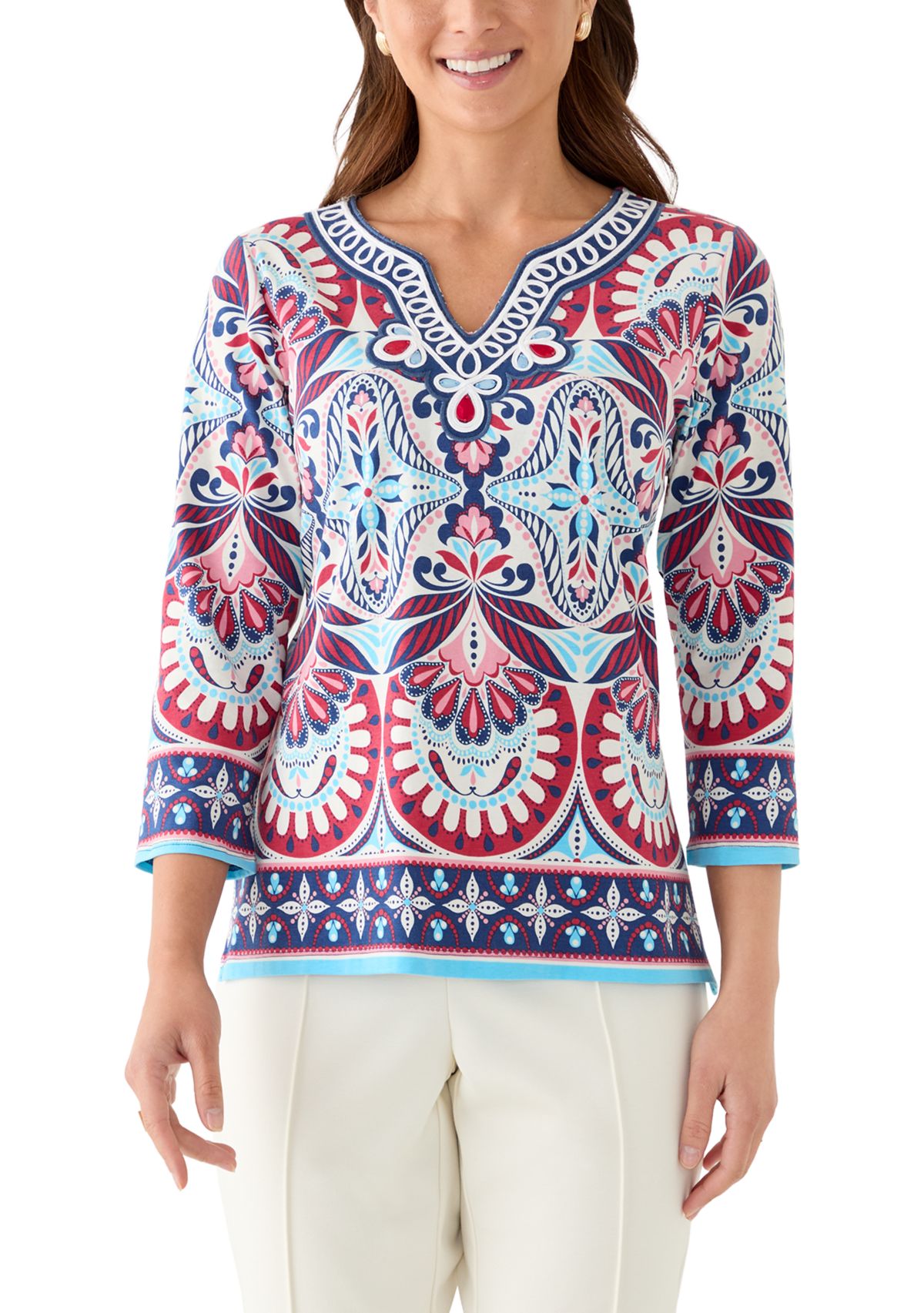 Petite Embellished Geo Border Knit Top