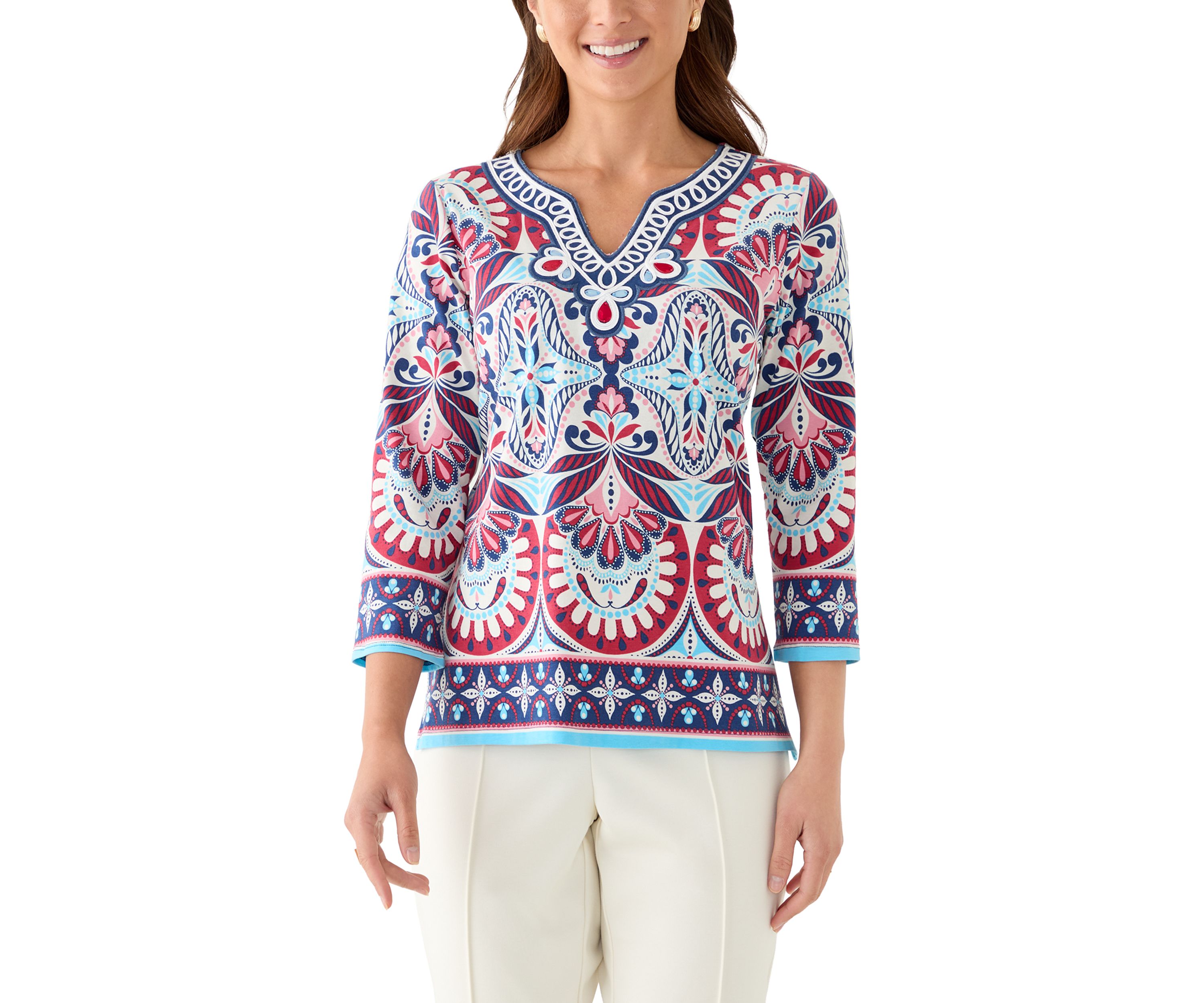 Petite Embellished Geo Border Knit Top
