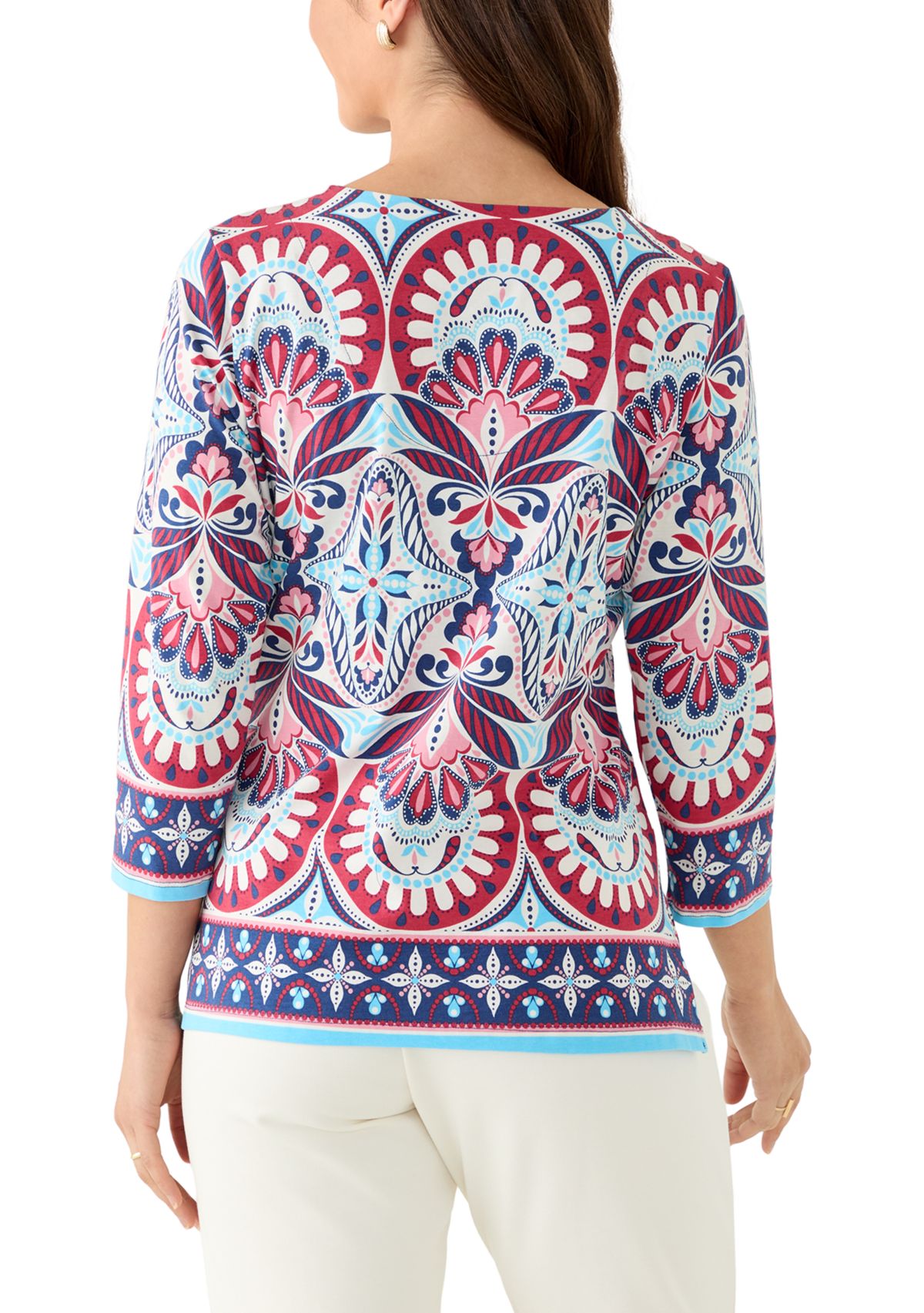 Petite Embellished Geo Border Knit Top