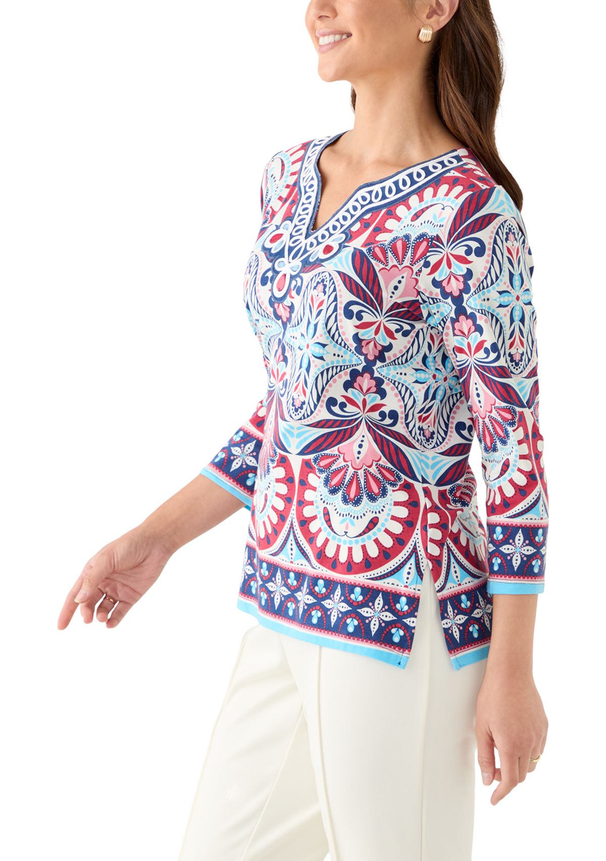 Petite Embellished Geo Border Knit Top