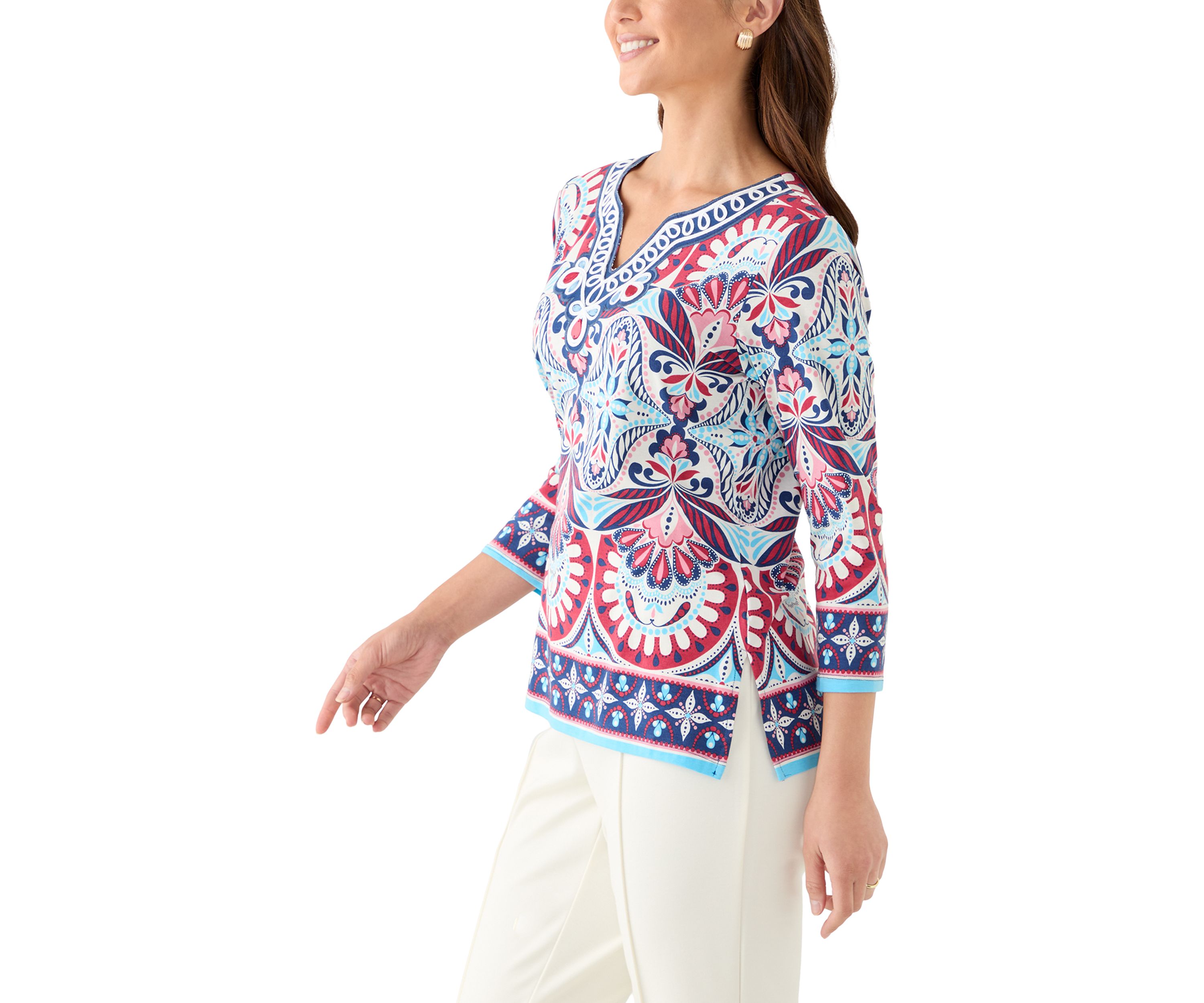 Petite Embellished Geo Border Knit Top