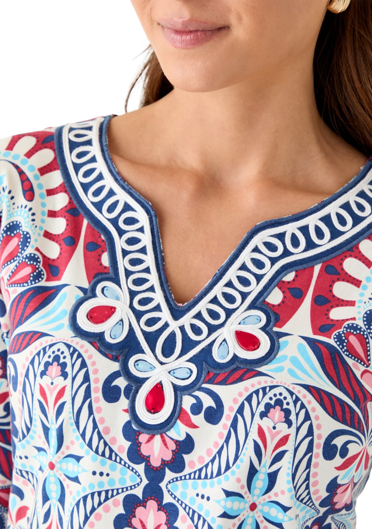 Petite Embellished Geo Border Knit Top