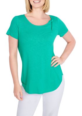 Ruby Rd Women's Solid Scoop Neck Knit Top With Feminine Bow Detail