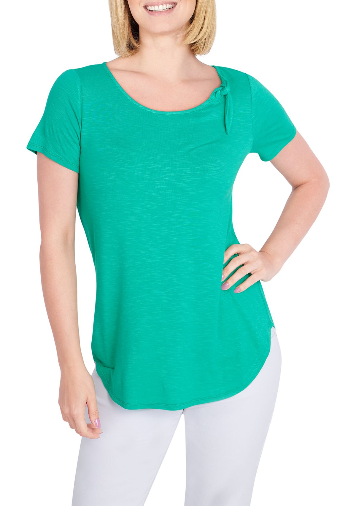 Womens Solid Scoop Neck Knit Top With Feminine Bow Detail