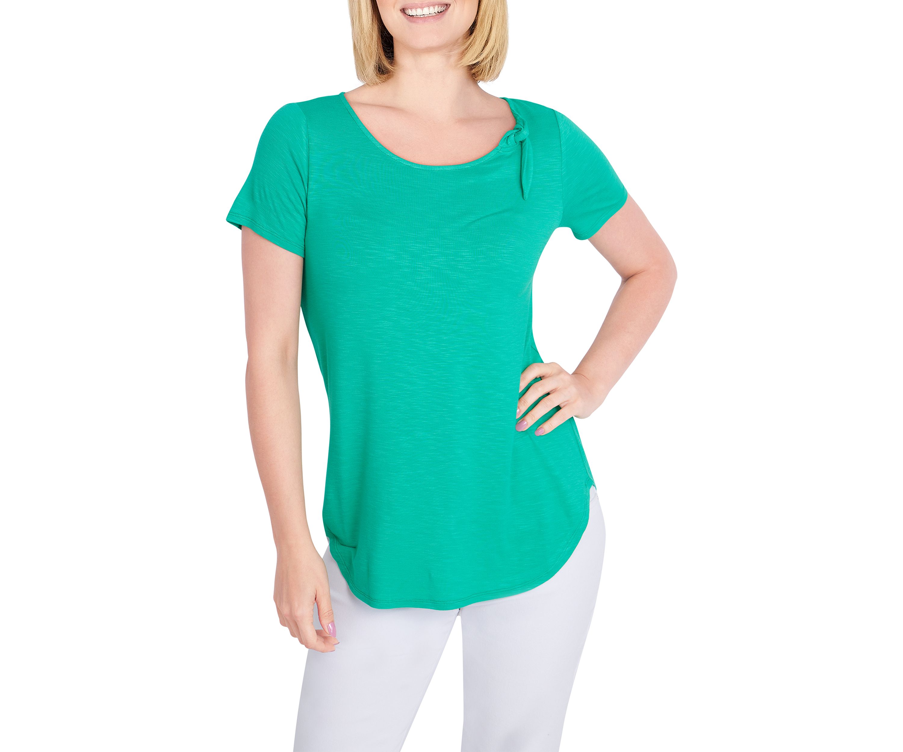 Womens Solid Scoop Neck Knit Top With Feminine Bow Detail