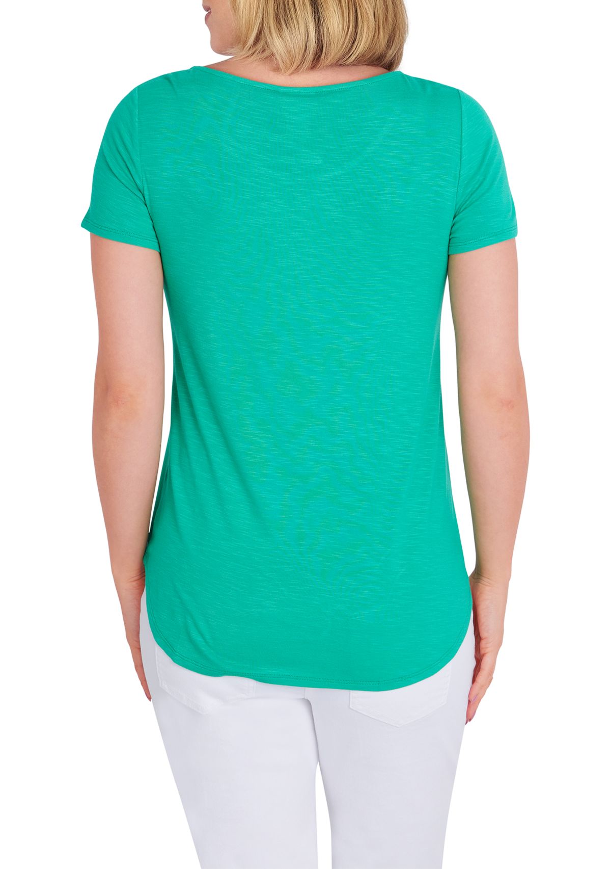 Womens Solid Scoop Neck Knit Top With Feminine Bow Detail