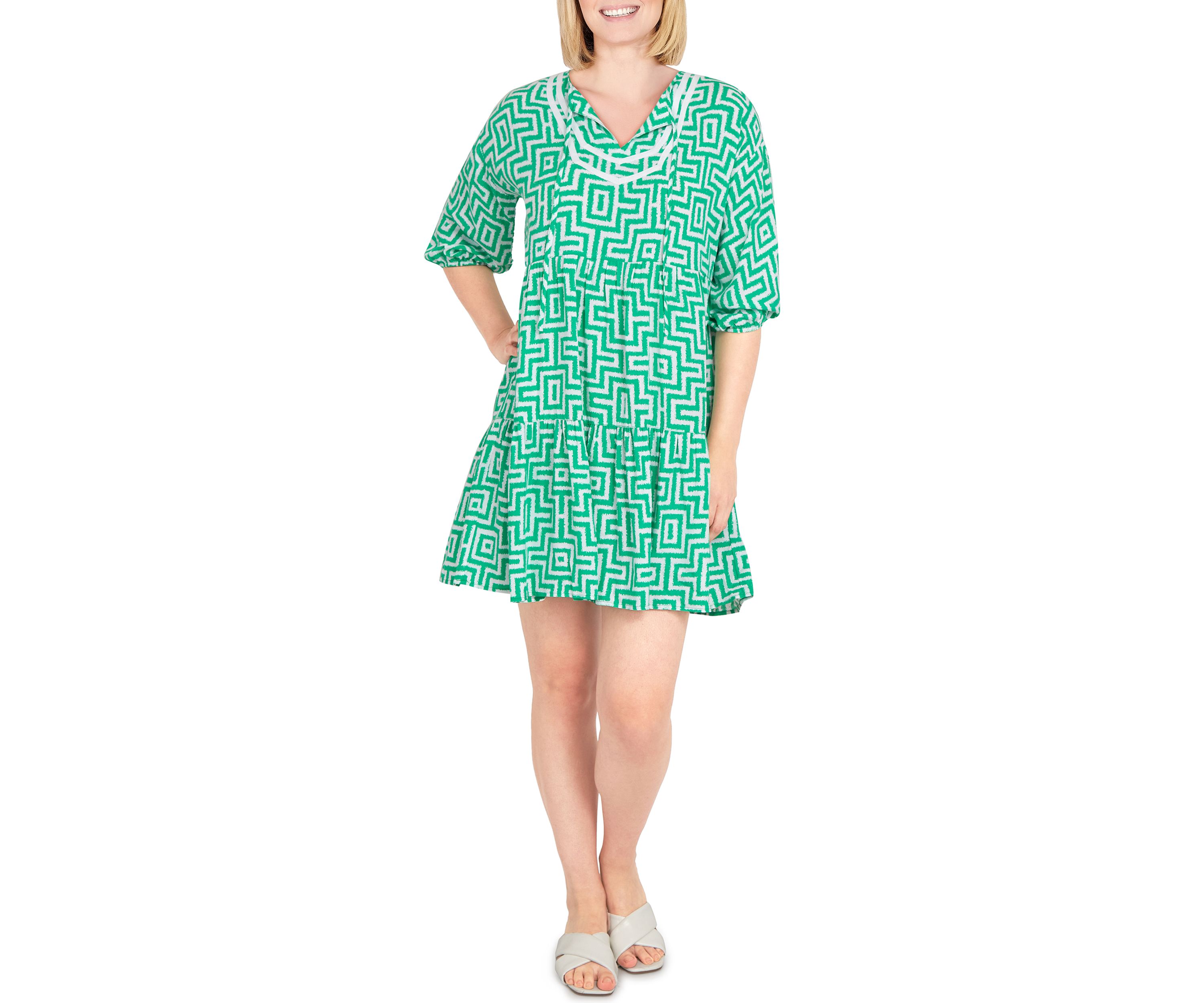 Womens Split Neck Island Trellis Print Short Dress