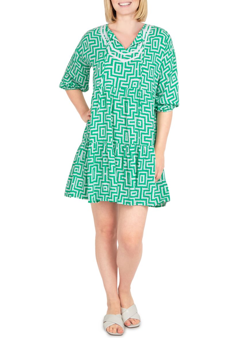 Womens Split Neck Island Trellis Print Short Dress