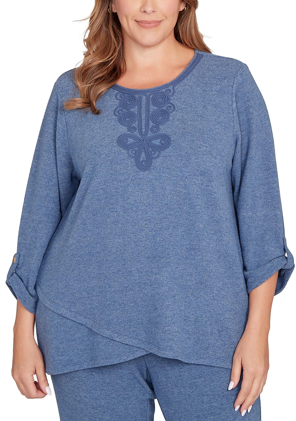 Plus Size Embellished Cozy Roll Sleeve Knit Top