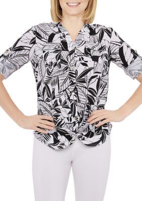 Ruby Rd Women's Woven Button Front Leaf Print Top
