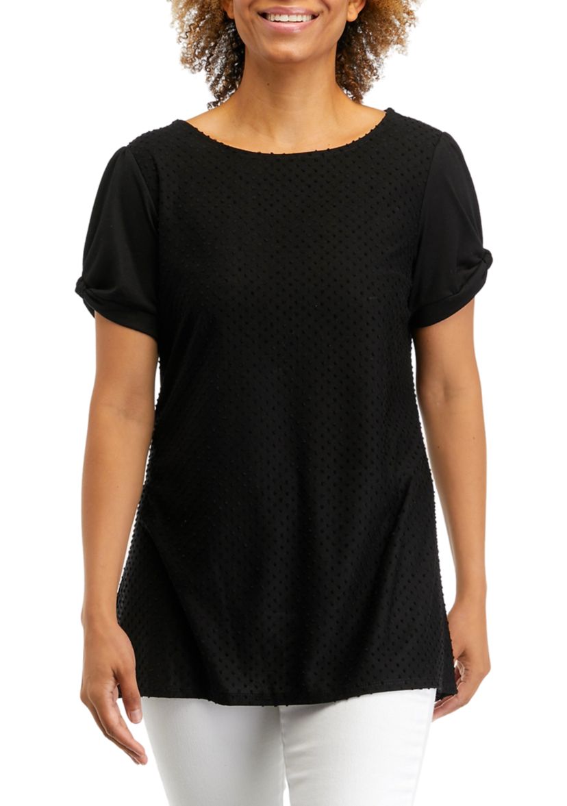 Womens Knit Solid Swiss Dot Top