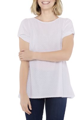 Ruby Rd Women's Knit Solid Swiss Dot Top, White, Small