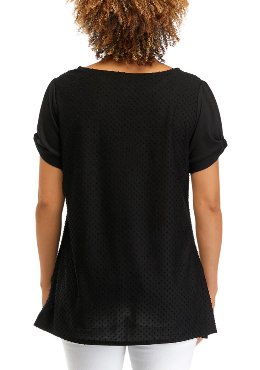Womens Knit Solid Swiss Dot Top